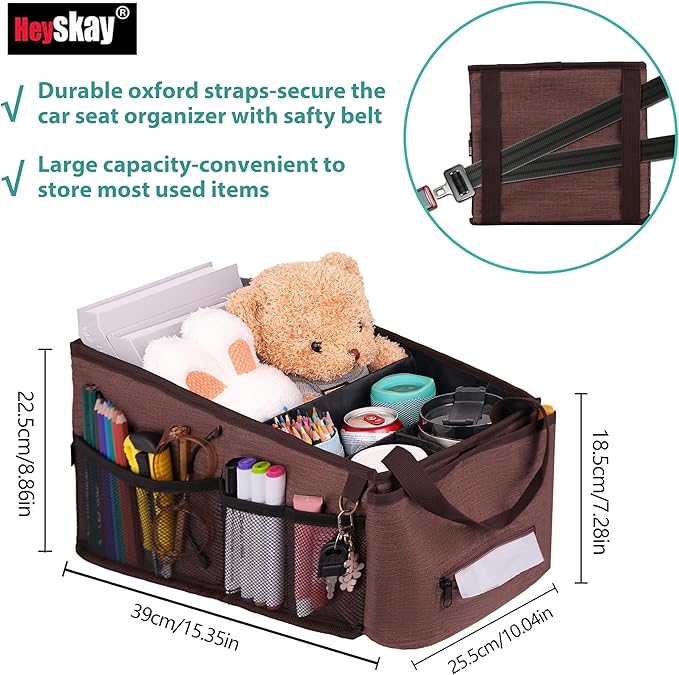 HEYSKAY Car Seat Organizer-Passenger Seat Organizer, Collapsible Small Car Seat Organizer for Console Front/Back, Car Caddy Organizer with 4pc Drink Holders Automotive Backseat Organizer for Kids