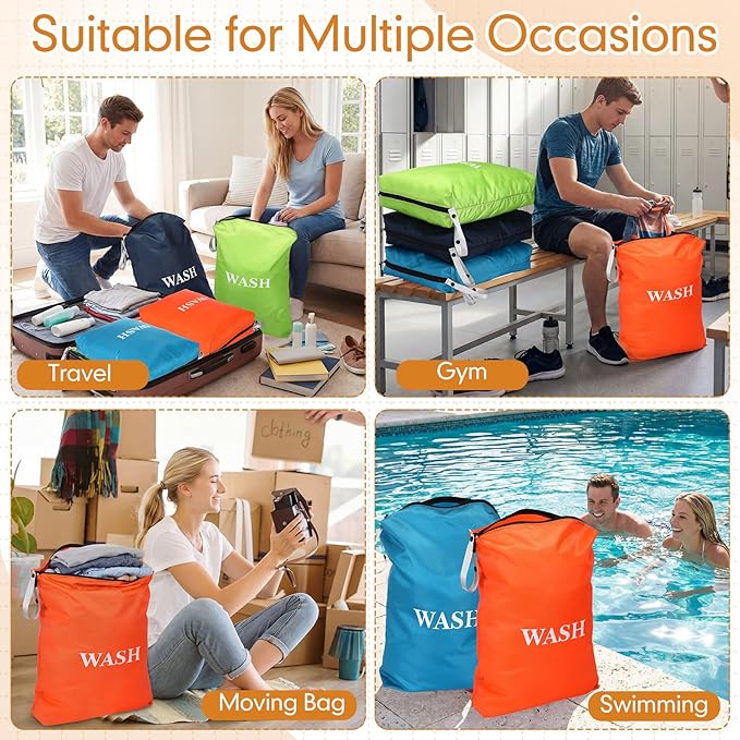 Hsei 4 Pcs Travel Laundry Bags Bulk 24 x 18 Inch Washable Waterproof Wet Dry Bag for Dirty Clothes Gym Foldable Organizer with Zipper Travel Accessoriesfor Swimming Yoga Bathing Suit Workout
