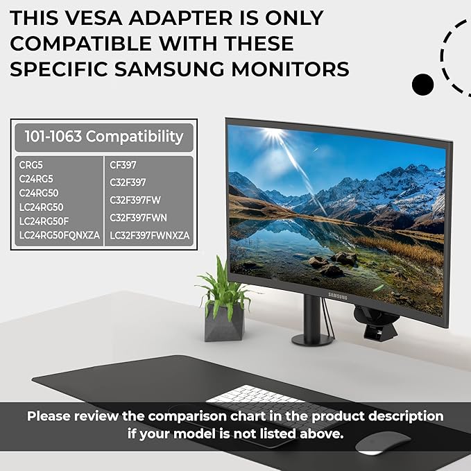 HumanCentric VESA Mount Adapter Compatible with Samsung Curved Monitors 32" CF397 and Samsung 24" CRG5, VESA Adapter Mounts Monitor to VESA Stand, Arm, or Desk Mount, Does Not Work with 27" Monitor