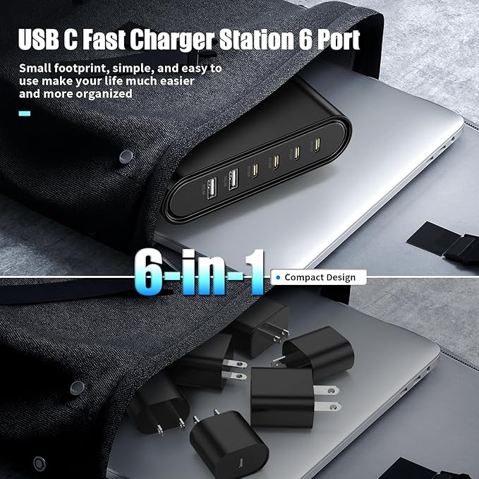 USB C Charger Block Fast Charging Station,6-in-1 Desktop Charger Adapter,USB Laptop Brick Hub for Apple Watch iPhone 17/16 15/14/13/Pro Max,iPad Air,MacBook,Samsung Galaxy S24+/S23 Ultra,Android