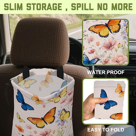 Car Trash Bag Vintage Butterflies and Flowers Leak-Proof Waterproof Car Garbage Bag with Drawstring Foldable Canvas Trash Bin with Adjustable Buckle for Car Accessories