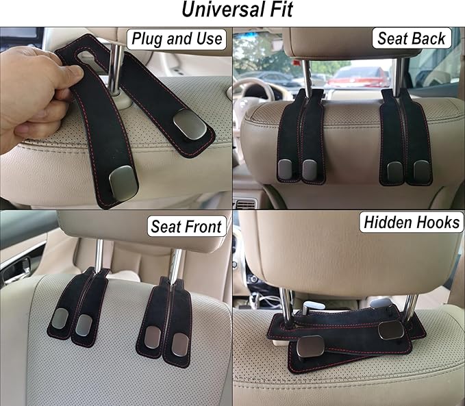 2 Pack Car Purse Hooks, Premium Leather Headrest Hooks, Genuine Metal Hook and Internal Metal Gaskets Multifunctional Car Hooks for Purses, Bags and Mobile Phones, Black with Red Stitching