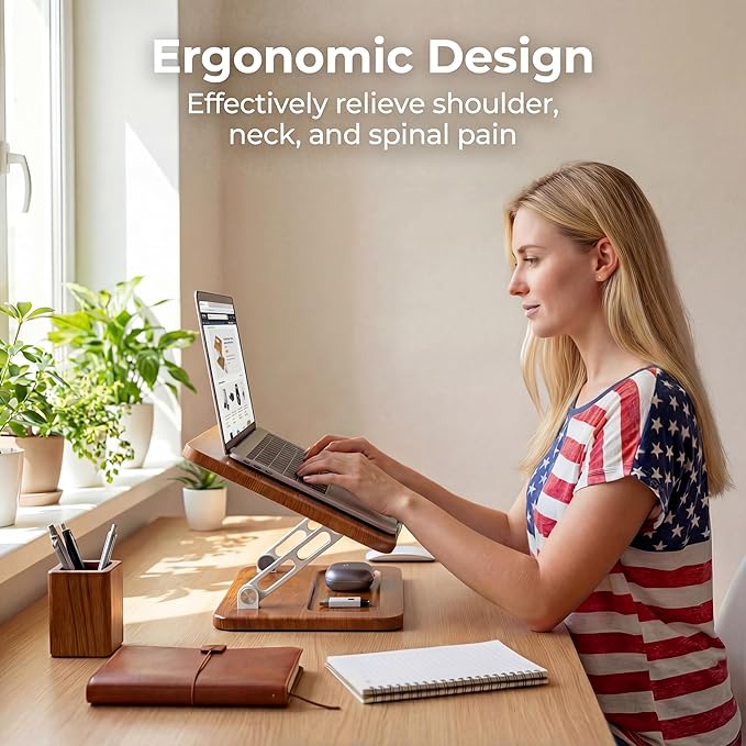 Ergonomic Wooden Laptop Stand with Pen Slot, Adjustable Height & Angle, Hollow Cooling, Foldable for Desk Use, for 10-17 Inch Laptops/Tablets