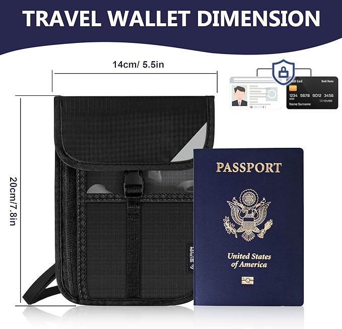 Likesing 5.9" L x 8" W Travel Neck Wallet, RFID Blocking Passport Holder for Travel Women Men, Security Passport Wallet with Buckle, Neck Pouch Gifts for Traveling Family (Black)