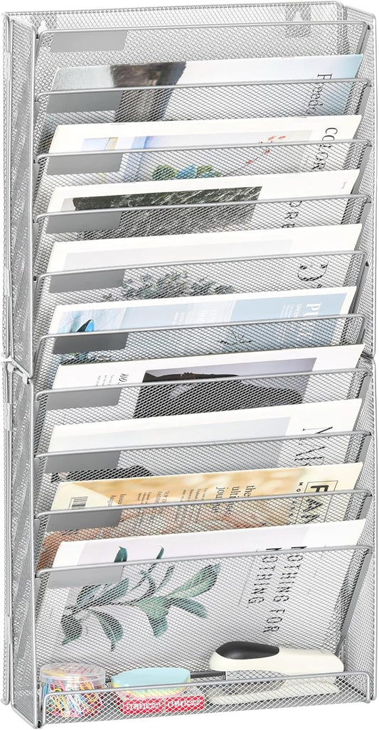 EasyPAG Wall File Holder 10 Tier Mesh Hanging Folder Organizer with Flat Tray Wall Mounted Mail Organizer Magazine Paper Desk Shelf with Nametag Label for Office Home School, Silver