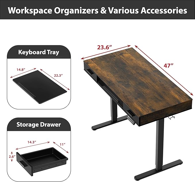 SHW 48-Inch Electric Height Adjustable Desk with Keyboard Tray and 2 Drawers, Rustic Brown