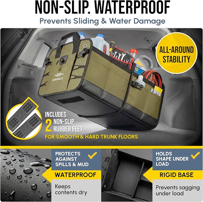 Heavy Duty Foldable Trunk Organizer 2-Section – Dual-Compartment Car Cargo Box with Non-Slip Pads & Removable Dividers – Green