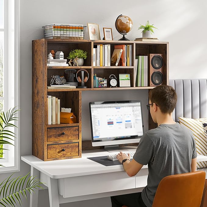 REIBII Desktop Bookshelf, High-Capacity Desk Hutch Organizer with 7 Shelves and 2 Drawers, Adjustable Bookshelf Storage, Desk Shelf for Top of Desk, Desk Hutch Dorm, Rustic Brown