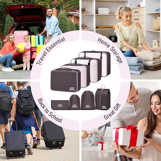 Packing Cubes for Travel - 8 Set Luggage Organizer Bags for Family, Mesh Breathable Packing Cubes for Suitcases Durable Travel Essentials Bags Set (Upgrade-Brown)
