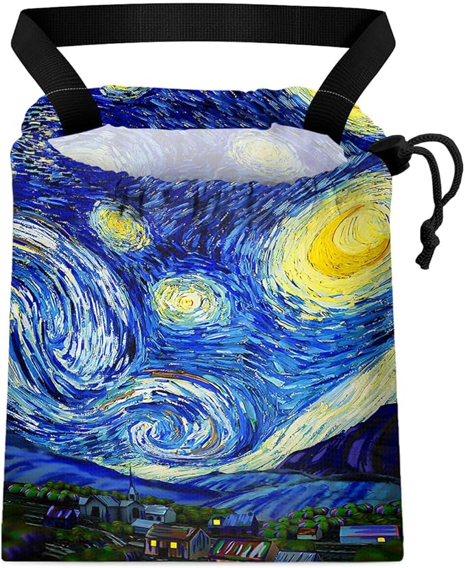 Car Trash Bag Hanging Back of Seat Waterproof Small Cute Printed One-Handed Strap Drawstring Garbage Bags for Car-Starry Night