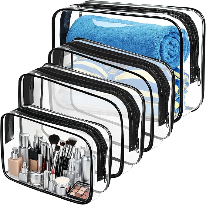 PLULON 4Pack Clear Makeup Toiletry Bag for Women Men, TSA Approved Toiletry Bag Organizer Black PVC Waterproof Clear Portable Cosmetic Pouch with Zipper for Airport Airline Compliant Travel Essentials