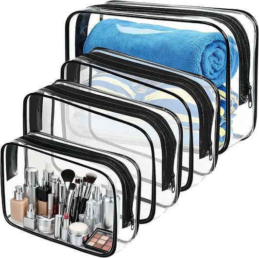 PLULON 4Pack Clear Makeup Toiletry Bag for Women Men, TSA Approved Toiletry Bag Organizer Black PVC Waterproof Clear Portable Cosmetic Pouch with Zipper for Airport Airline Compliant Travel Essentials