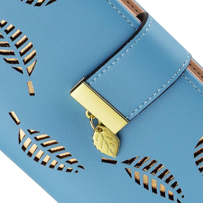 PGXT Women's Wallet Women Credit Card Holder Hollow Leaf Pattern Bifold Leather Lady Long Wallet Purse Zip Birthday Xmas Gifts for Women Girls(Blue)