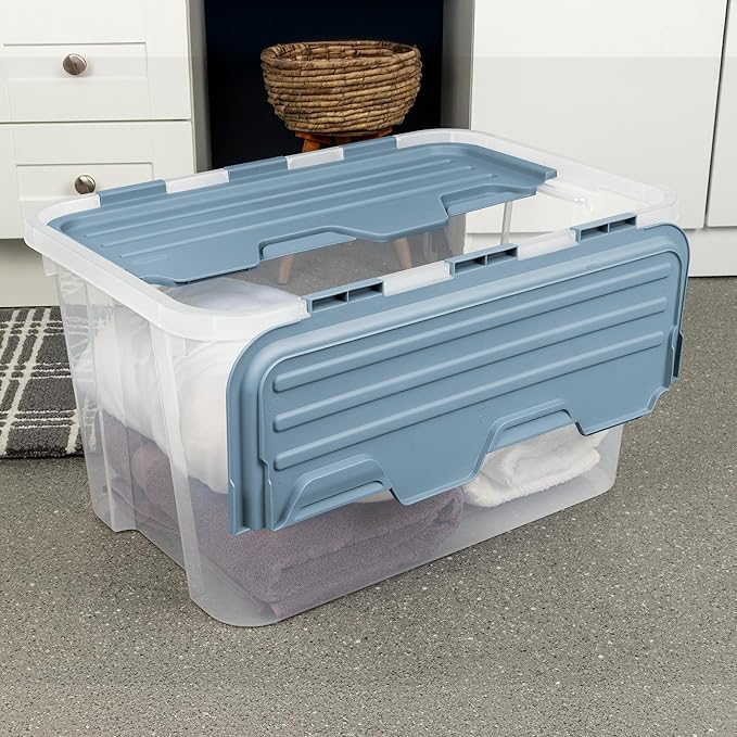 Sterilite 12 Pack Hinged Lid Storage Box, 60 Qt Plastic Container, Washed Blue - Home Organizer Tote for Storing Shoes, Crafts, Clothing, or Decor