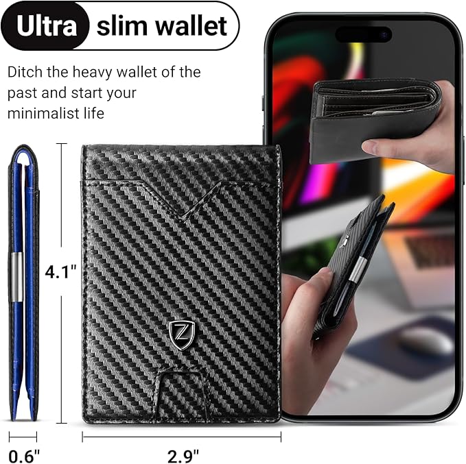 Zitahli Slim Wallet for Men with Money Clip, Minimalist Front Pocket RFID Blocking Leather Wallets Bifold Credit Card Holder, 11 Card Slots and ID Window with Gift Box