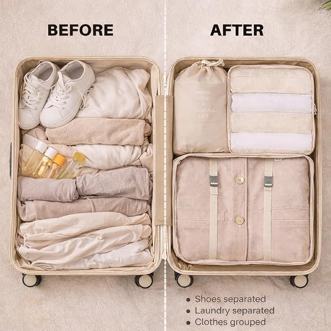 7 Set Packing Cubes For Travel | Luggage Organizer Bags With Shoe, Laundry Bag, Accessory Pouch And Lingerie Bag | Durable And Space Saving Suitcase Organizer For Travel Essentials | Beige