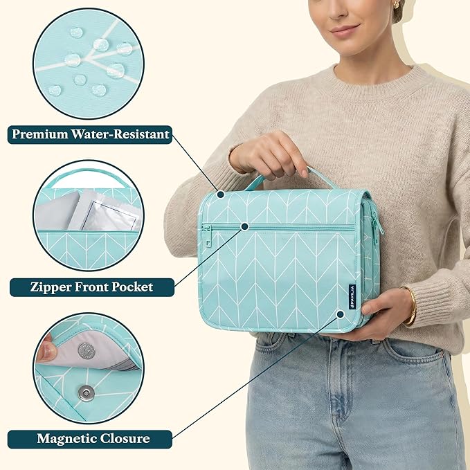 PAVILIA Hanging Toiletry Bag Women Men, Foldable Cosmetic Organizer Travel Bag, Water Resistant Makeup Bag Toiletries, Large Travel Essentials Kit (Teal Chevron)