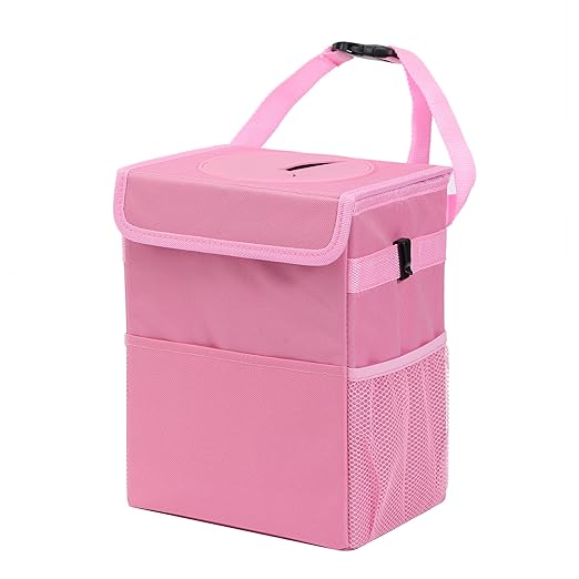 AOKJOY Car Garbage can with lid Leak Proof Vehicle Trash Can 3 Storage Pockets Hanging Waterproof car Trash Bag for SUV Pink