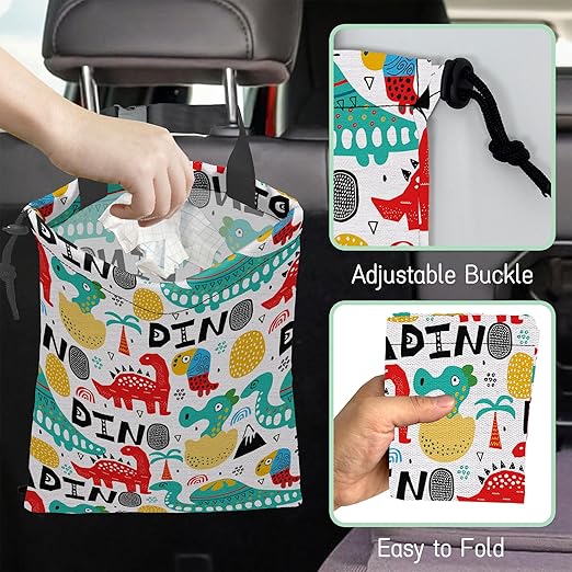 Cartoon Dinosaur Car Trash Bag,Palms Hanging Drawstring Car Garbage Bag,Waterproof Canvas Car Back Seat Organizer with Adjustable Buckle,for Vehicles,SUVs,Camping,Road Trips