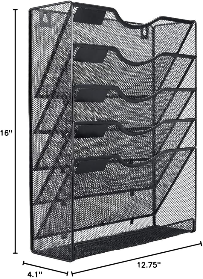 EasyPAG 5 Tier Wall File Holder Mesh Hanging Folder Organizer with Classify Label, Versatile Desk File Holder, Vertical Wall Mounted Mail Organizer for Office Home Cubicle, Black, Closed Sides