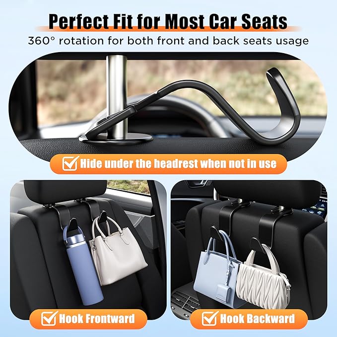 Amooca Car Seat Headrest Hook 4 Pack Hanger Storage Organizer Universal for Handbag Purse Coat Universal fit Vehicle Car Black with Buckle