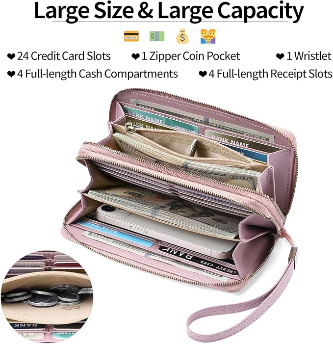 GAEKEAO Wallet for Women Clutch RFID Blocking Wristlet Leather Purse Large Capacity Credit Card Holder with Grip Hand Strap