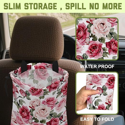 Car Trash Bag Watercolor Pink Roses Hanging Drawstring Car Organizer and Storage Bag with Adjustable Buckle Canvas Garbage Bin for Back Seat or Hanging Headrest Car Decor Road Trip Essentials