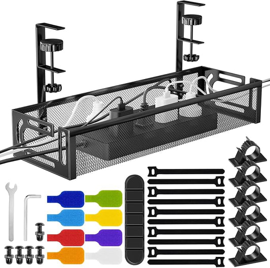No Drill Under Desk Cable Management Tray, SONATURE 15.7" Cord Organizer for Table, Clamp Mount Desk Cable Management, Premium Carbon Steel Cable Organizer for Office, Home (Black)