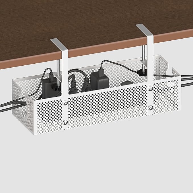 Under Desk Cable Management Tray - Fits up to 1.77" Thick Desks, No-Drill Clamp-on Wire Organizer, Reversible Inward/Outward Install, Heavy Duty Metal Power Strip Holder for Home Office & Gaming Desk