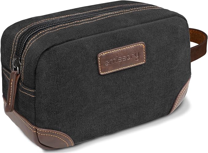 emissary Men's Toiletry Bag, Leather and Canvas Travel Toiletry Bag, Dopp Kit for Men, Travel Bathroom Bag Men's Shaving Kit, Travel Kit Small Bags for Men, Shaving Bag for Travel Accessories (Black) | Durable canvas & PU leather, water-resistant linin...