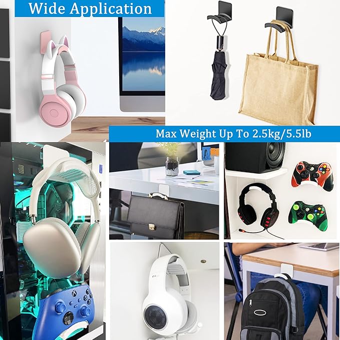SOKUSIN Headphone Stand Headset Holder - Adhesive Gaming Earphones Hanger, Universal Desk Wall Mount Hook for All Headphone/Controller, Compatible with Beats, AirPods Max,Sony, JBL (Black-2PCS)