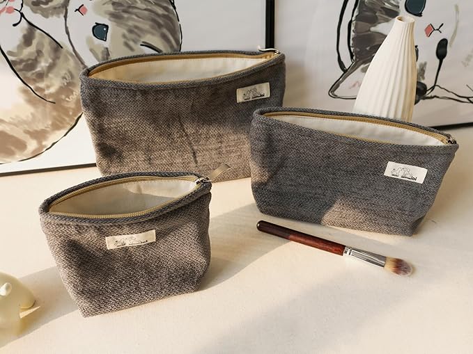 HAPPYHEIDI Gray Velvet Makeup Bag Set 3 with Compartment Cosmetic Toiletry Travel Pouch,Purse Accessory Organizer, 3-Size, Canvas Lined