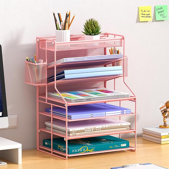 Pink 7 Tier Desk File Organizer, Metal Letter Tray Paper Organizer with Pull-Out Drawer, Removable Pen Holder & Hanging Basket, Vertical Desktop File Holder for Home Office, Classroom