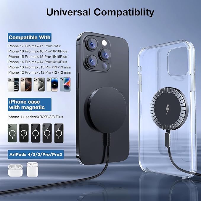 Magnetic Wireless Charger for iPhone: Compatible with Magsafe Charger iPhone 17 16 15 14 13 12 Series & Airpods 4 3 2 Pro-Fast 15W Max Charging Pad Strong Magnet, Dual USB-C/A Ports-Home Office Travel