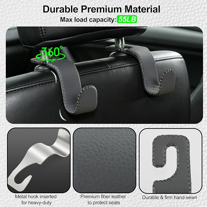 Amooca Car Seat Headrest Hook, Universal Vehicle Storage Hanger, Leather with Metal Car Seat Back Organizer for Handbag, Purse, Coat, Ergonomic Design, Gray 4 Pack