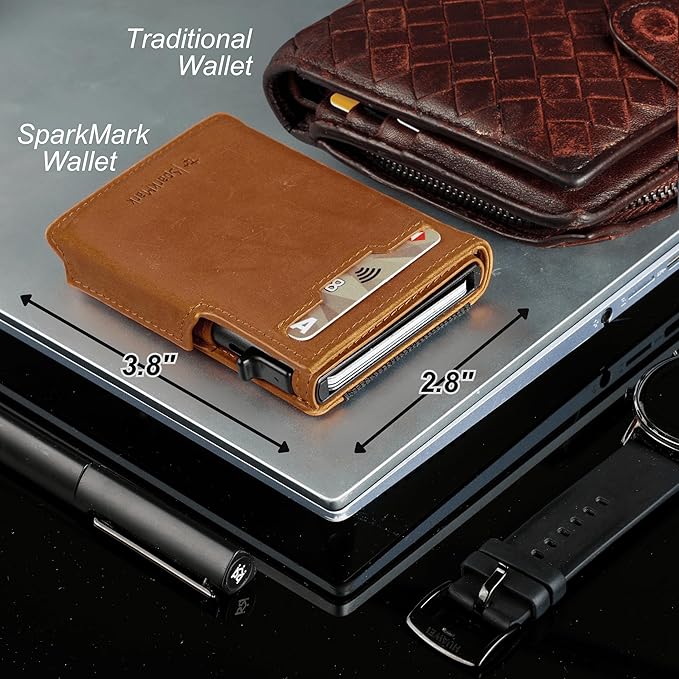 Minimalist Pop Up Wallet for Men | RFID Blocking Credit Card Holder Wallet with Money Clip | Mens Wallet Slim Bifold Front Pocket Metal Case with Gift Box (Genuine Full Grain Soft Leather)