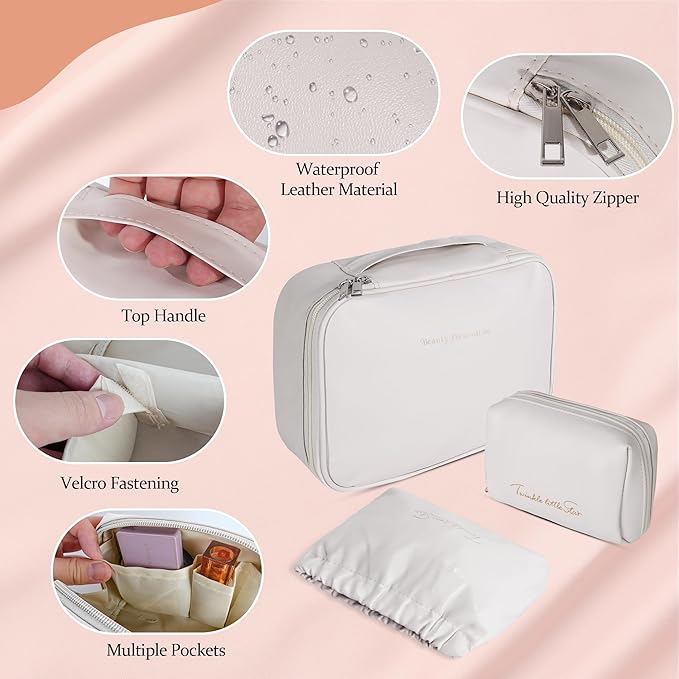 Travel Makeup Bags Set, 4 Pcs PU Leather Cosmetic Organizer Bag with Jewelry bag, Large Make Up Cosmetic Bag with Divider and Handle, Portable Travel waterproof Vanity Bag for Women Girl (Off-white)