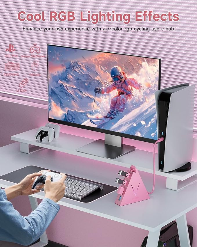 USB C Hub, Type C to 4 USB 3.0 Ports with 2 FT Extension Cables,Thunderbolt to USB Hub Adapter for iPad Pro/Air, MacBook Pro, Mac mini, iMac, Surface,XPS, Mouse, External Hard Drives(Pink)