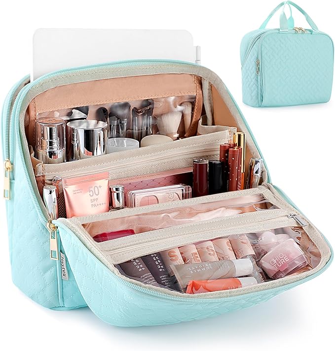 Makeup Bag, Stand up Large Capacity with Room for Brushes and Mirror, Travel Makeup Organizer, Portable Standing Make Up Case, Waterproof Cosmetic Toiletry Bags with Handle, Color Mint Green