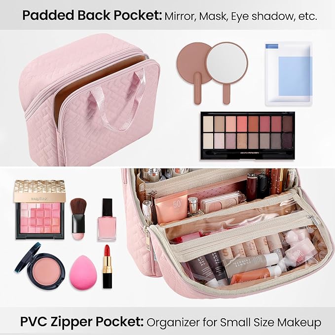 Standing Makeup Bag, Large Capacity with Room for Brushes and Mirror, Travel Makeup Organizer, Portable Stand Up Make Up Case, Waterproof Cosmetic Toiletry Bags with Handle, Color Light Pink