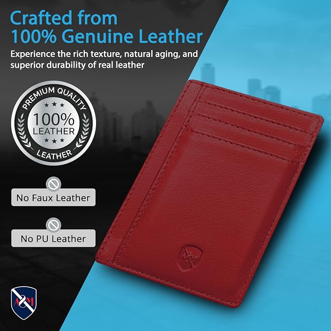 ALLEN & MATE 100% Genuine Leather Slim Minimalist wallet RFID Blocking Card Holder Wallets for Men & Women - Holds 7 Cards, ID & Cash with Gift Box (Maroon)