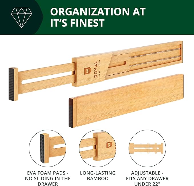 Bamboo Drawer Dividers Organizers, Adjustable Drawer Separator Splitters, 17–22 Inches Expandable Drawer Divider Organizer for Large Utensils, Kitchen, Bedroom, Dresser & Office Drawers 4-Pack