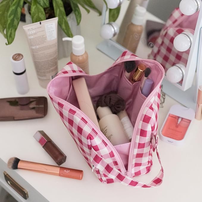 Tiny Twinkle Waterproof Travel Toiletry & Makeup Bag Organizer | Makeup Pouch with Multiple Compartments & Snap Handle for Travel | Gift for Teen Girls and Women (Raspberry Gingham)
