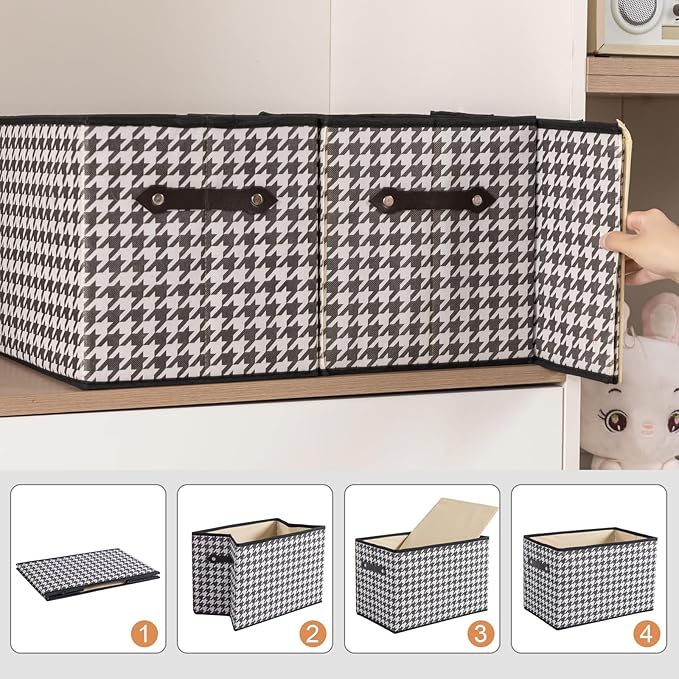 1 Pack Large Collapsible Storage Baskets for Shelves,14.9"x9.5" Fabric Closet storage Boxes with Leather Handles,Decorative Organizers Storage Bins for Clothes,Sheets,Toys,Books,(Houndstooth