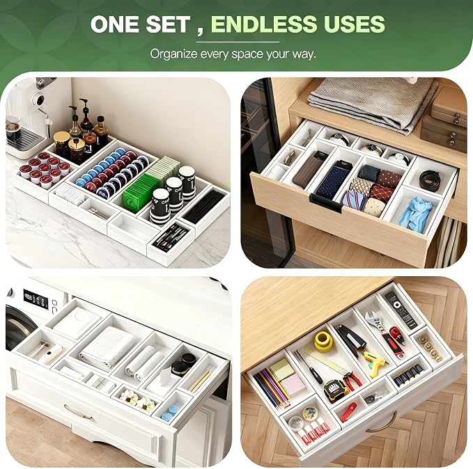 9-Pack Solid Wood Junk Drawer Organizer, Modular Desk Drawer Tray & Accessories with Non-Slip Pad, Multi-Use for Kitchen, Office, Bedroom Dresser, Utensil, Makeup, Stationery, Tea Bags & Coffee Pod