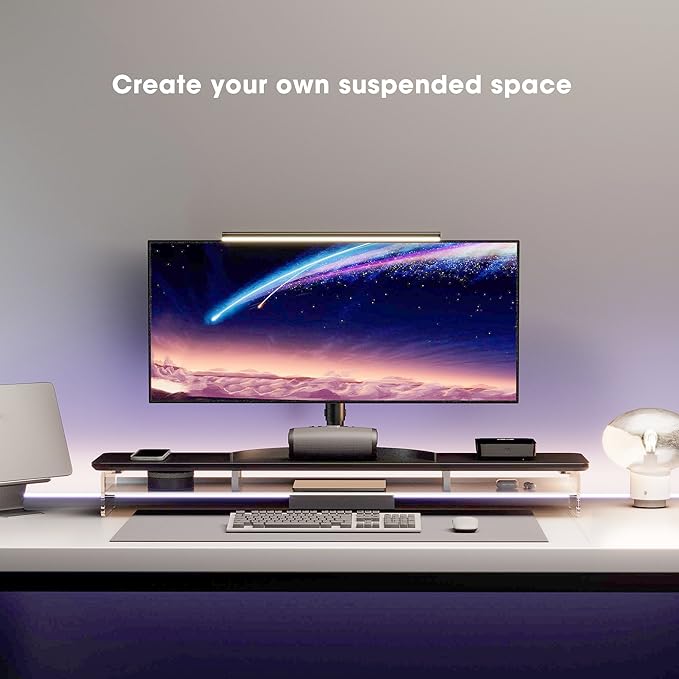 Fenge Acrylic Monitor Stand, 42.5 Inch Clear Dual Monitor Riser with Metal Storage, 2 Tier Computer Riser with LED Lights for Desk, Laptop, Printer, TV