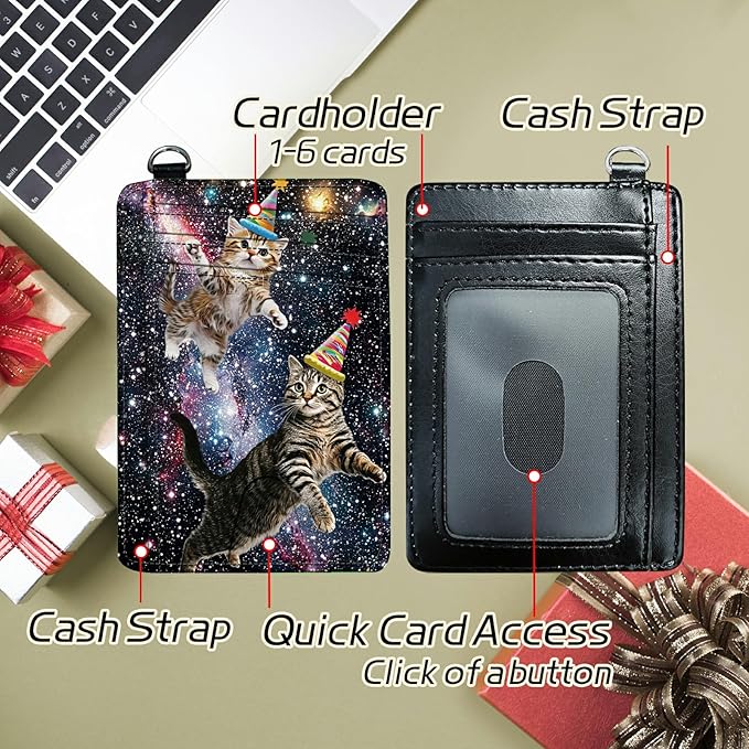 Small Travel Wallets, Cats Galaxy Nebula Slim Minimalist Front Pocket Wallet with Wristlet, RFID Blocking PU Leather Credit Card Holder with ID Window Change Purse for Men Women