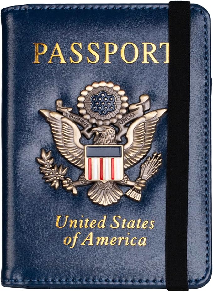 TOURSUIT RFID Blocking Passport Holder for Women Men, Leather Passport Travel Wallet with 3D Metal Badge, Travel Document Holder Cover Accessories (Dark Blue)
