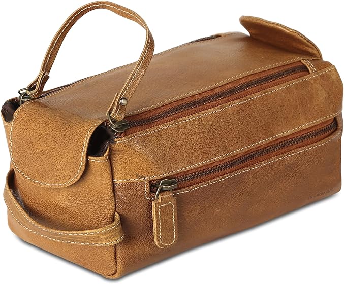 KomalC Premium Buffalo Leather Toiletry Bag for Men & Women With Water resistant Lining, Grooming Travel Pouch, Unisex Wash Bag for Toiletries, Gifts for Men and Women