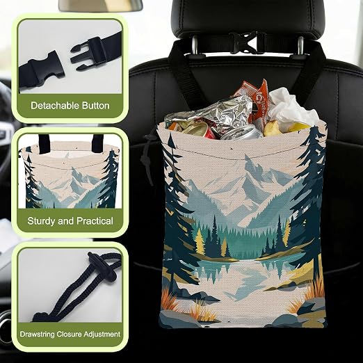 Car Trash Bag Mountain and River Forest Leak-Proof Waterproof Car Garbage Bag with Drawstring Foldable Canvas Trash Bin with Adjustable Buckle for Car Accessories, Travelling, Camping